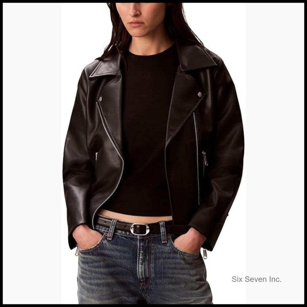Classic Faux Leather Biker Jacket with Adjustable Belt